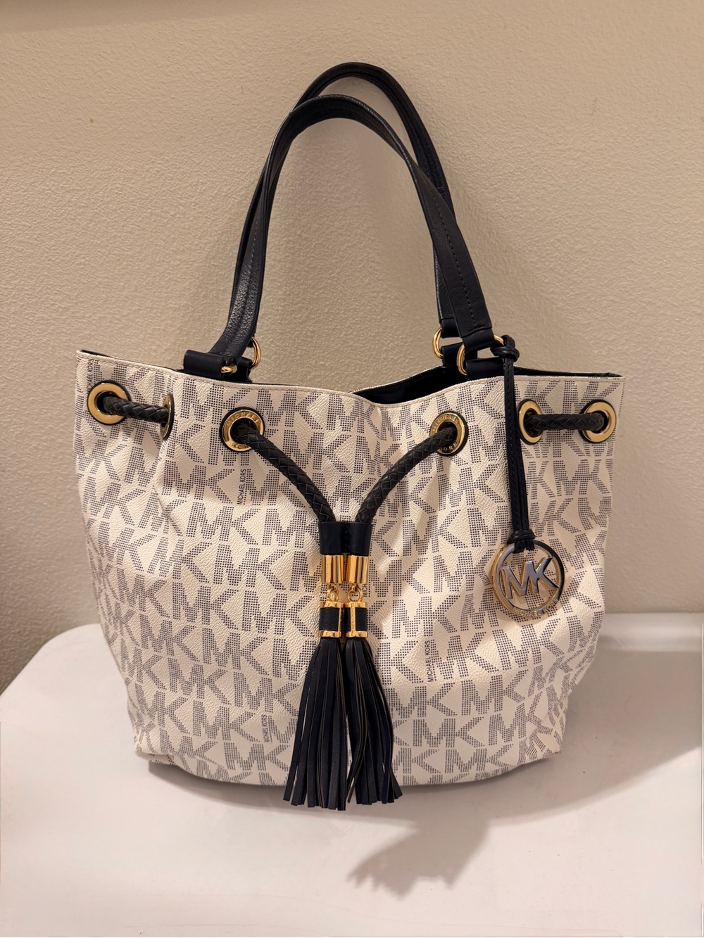 Michael Kors Jet Set Signature Gathered Tassel Tote- Navy